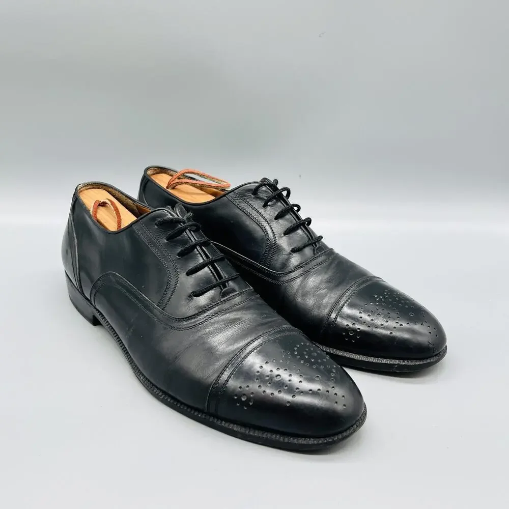 Ferragamo Shoes Mens 8.5 Black Leather Cap Toe Oxford Dres Lace Up Classic